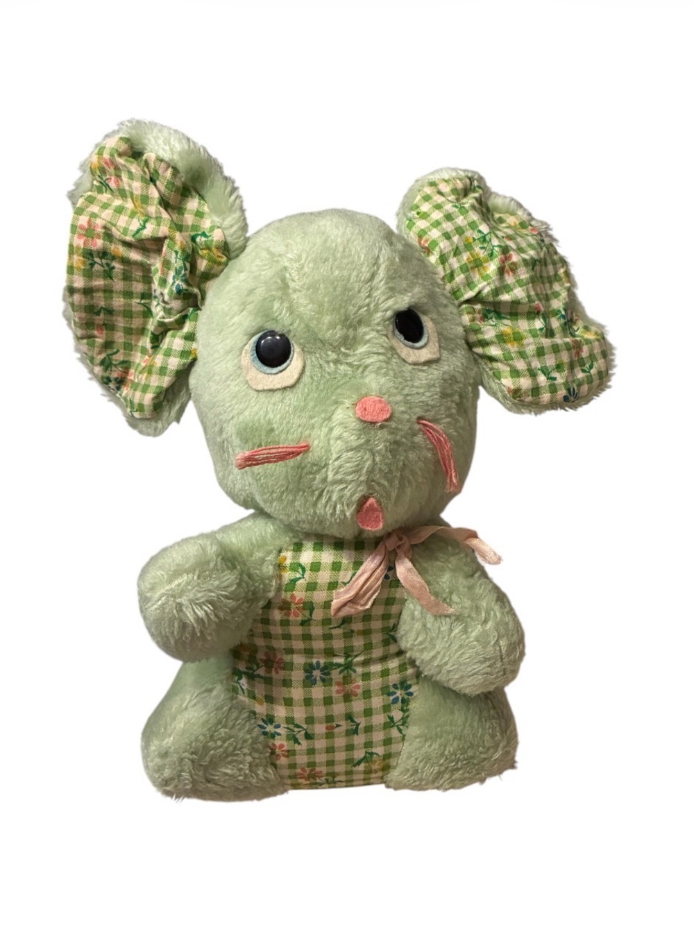 Vintage Knickbocker Plush Green Mouse Stuffed Animal with Gingham Floral Accents